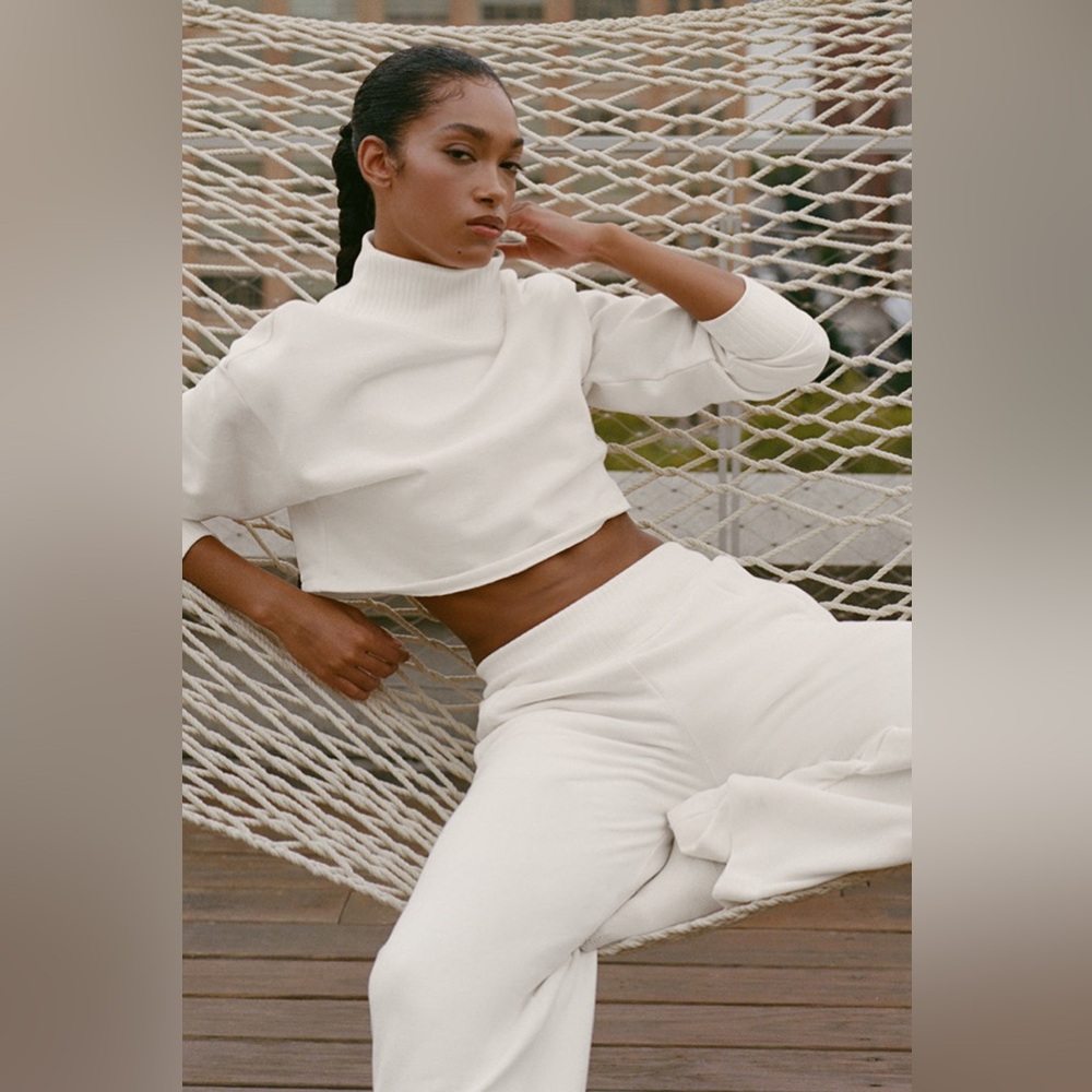 ALO Serenity Cream Wide Leg Pants & Cropped Sweater Set
